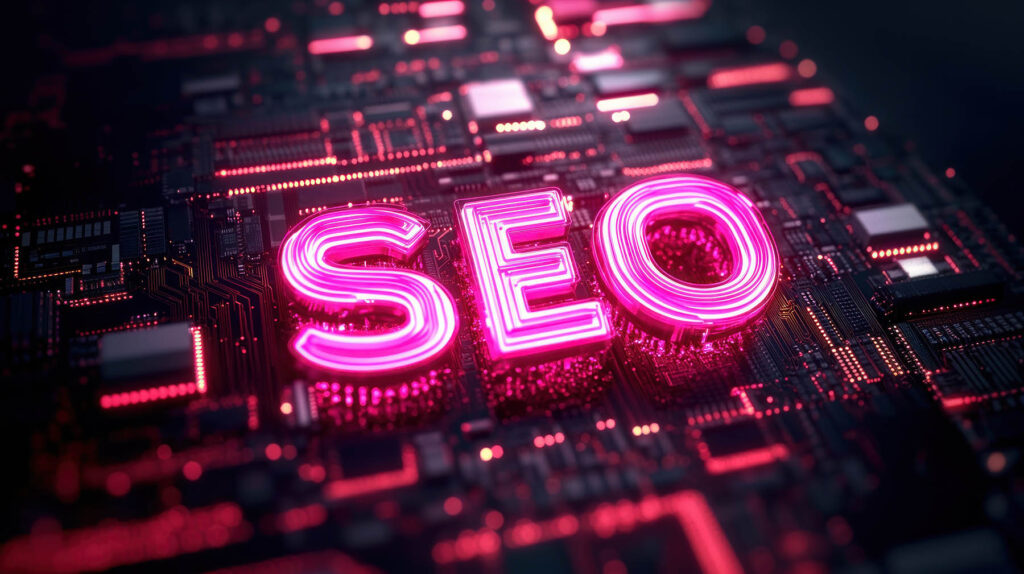 3D text spelling SEO glowing in neon pink and red set against a black circuit board background, representing digital marketing and online visibility, digital marketing